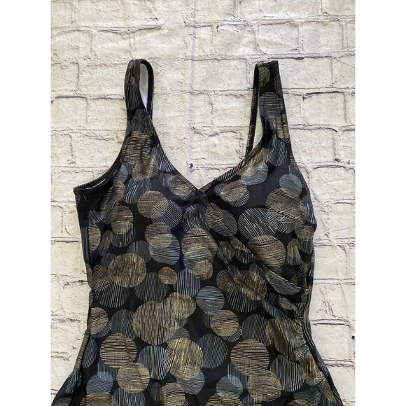 Byron Blue Australia Womans One Piece Swimsuit Black Gold Blue Circle Size 12 - Picture 14 of 16
